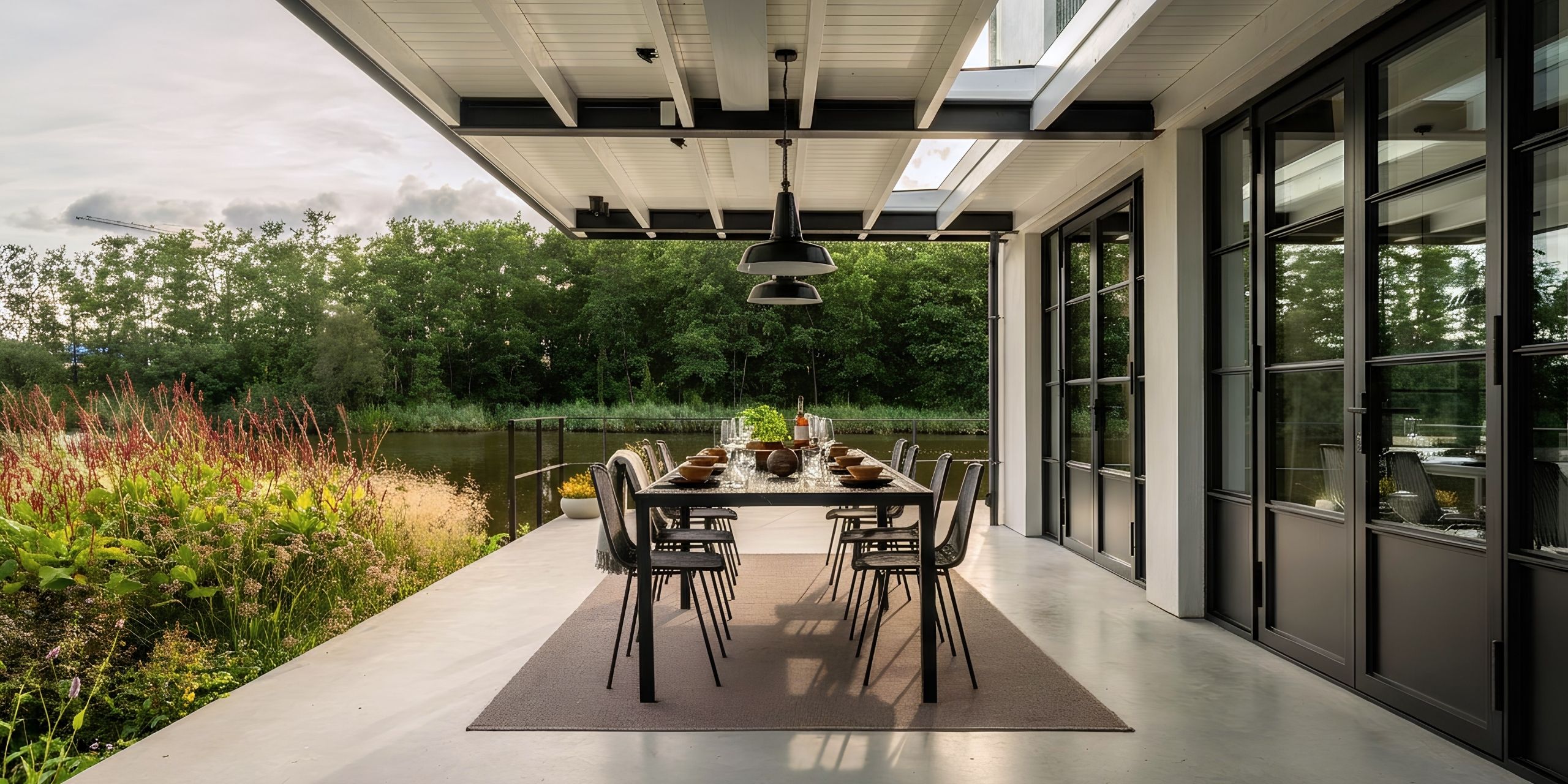 Lunch on the covered terrace: a long table laid with wooden bowls, with the water and the trees beyond.