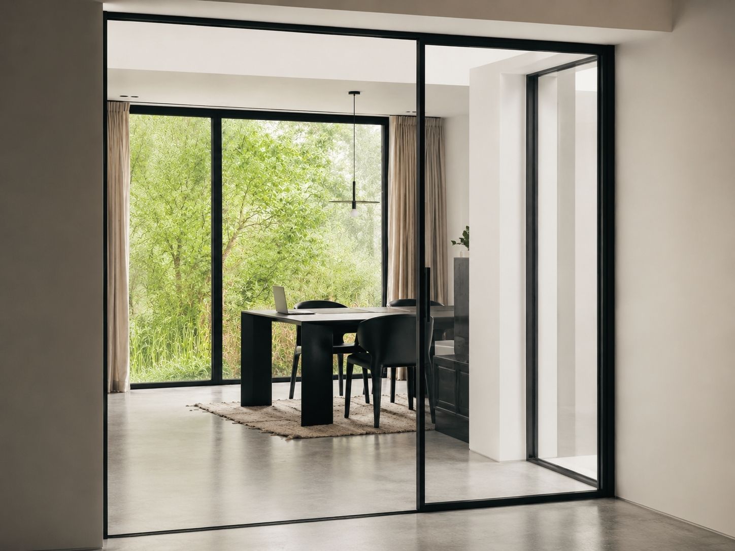 The study behind a steel-framed glass wall: a dark table and chairs in front of a large window onto the garden.