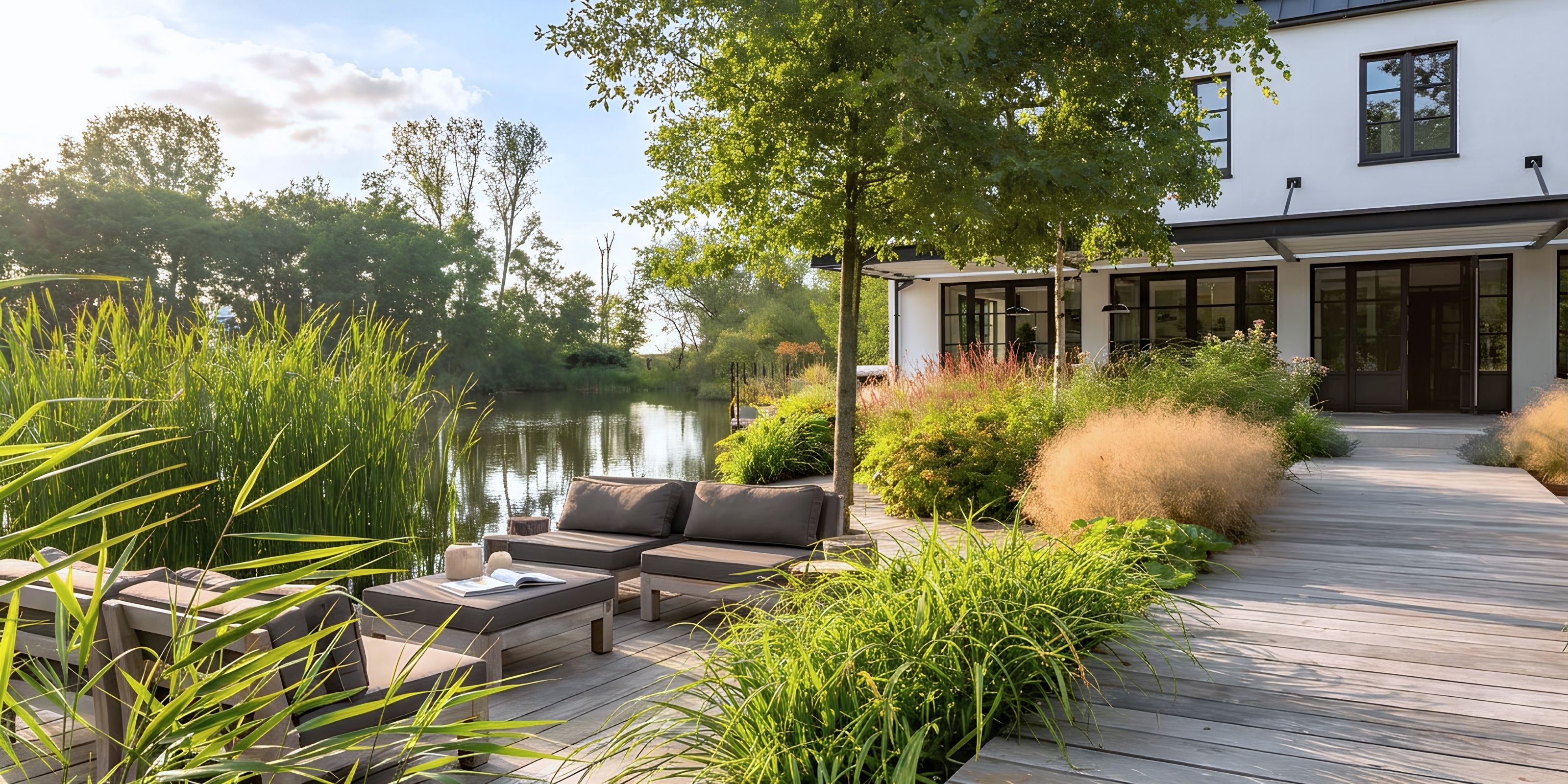 The garden with a lounge set on the wooden deck by the water, tall grasses and young trees, and the house behind.