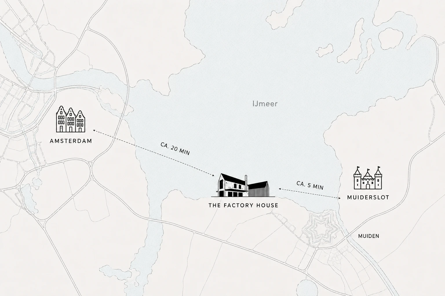 Map of the area: The Factory House on the IJmeer, about 20 minutes from Amsterdam and about 5 minutes from Muiderslot castle in Muiden.