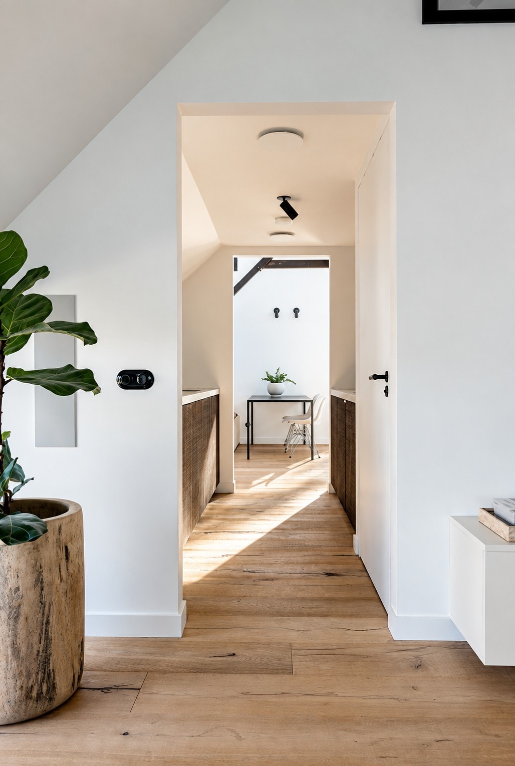 A view from the second living room, past the pantry with its dark wooden fronts, to a small black desk with white chairs; a fiddle-leaf fig in a wooden pot in the foreground.